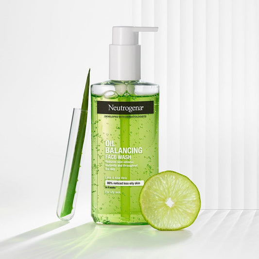 Neutrogena Oil Balancing Facial Wash with lime and aloe vera for oily skin, tightens pores, and mattifies