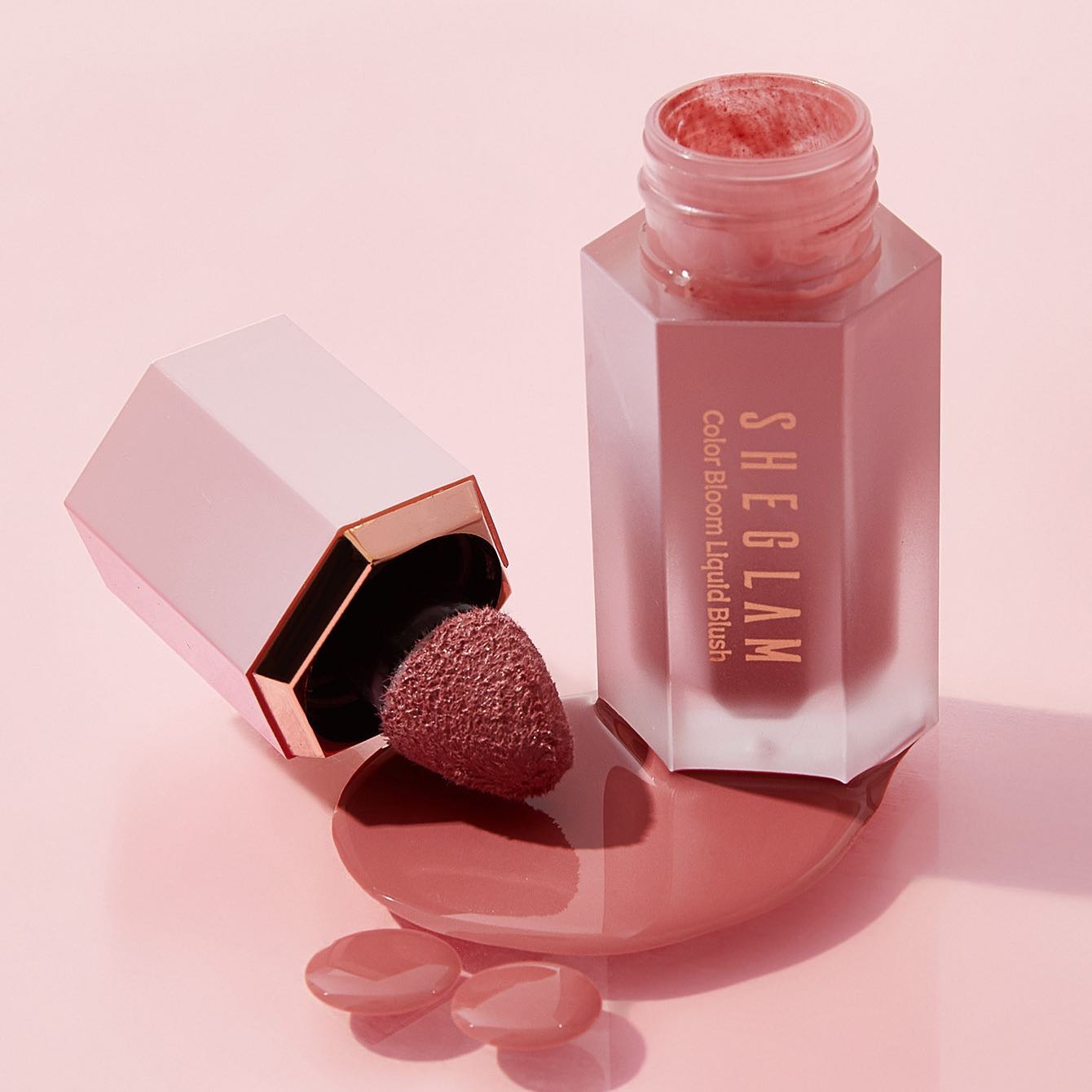 SHEGLAM Liquid Bloom Blush bottle with pink gel-cream makeup product