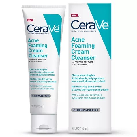 CERA VE Acne Foaming Cream Cleanser with 4% benzoyl peroxide for acne treatment and skin hydration