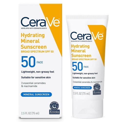 CeraVe SPF 50 Hydrating Mineral Sunscreen Face Lotion with titanium dioxide and zinc oxide for sensitive skin protection and hydration