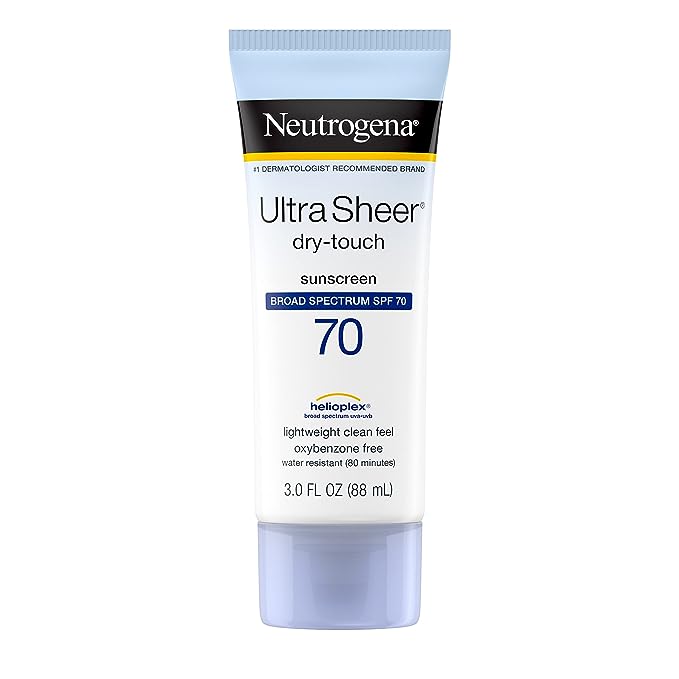 Neutrogena Ultra Sheer Sunscreen SPF 55 bottle with Helioplex technology for broad spectrum UVA/UVB protection