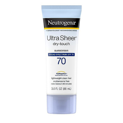 Neutrogena Ultra Sheer Sunscreen SPF 55 bottle with Helioplex technology for broad spectrum UVA/UVB protection