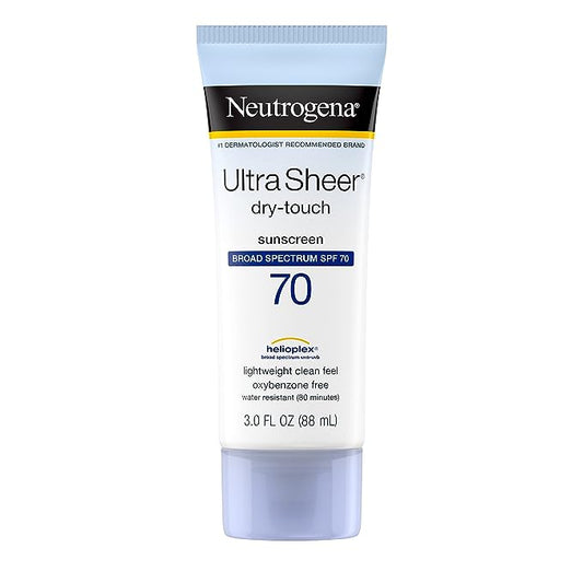Neutrogena Ultra Sheer Sunscreen SPF 55 bottle with Helioplex technology for broad spectrum UVA/UVB protection