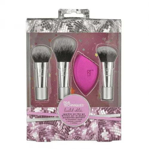 Real Techniques Sparkles On The Go Limited Edition makeup brush set with sparkling handles and portable pouch
