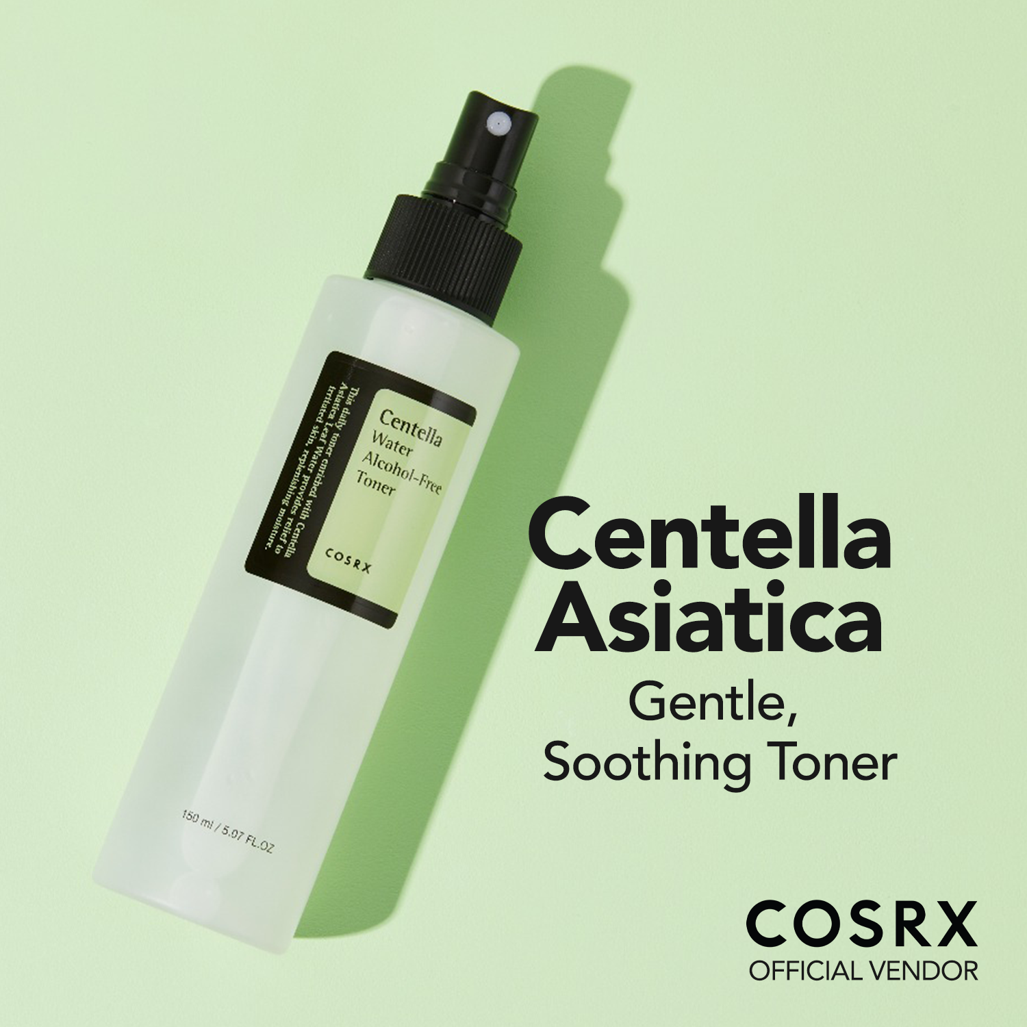 COSRX Centella Water Toner 150ml bottle with green leaf background for soothing hydration