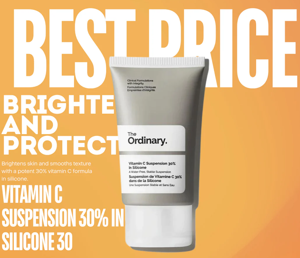 The Ordinary Vitamin C Suspension 30% in Silicone brightening serum bottle on white background