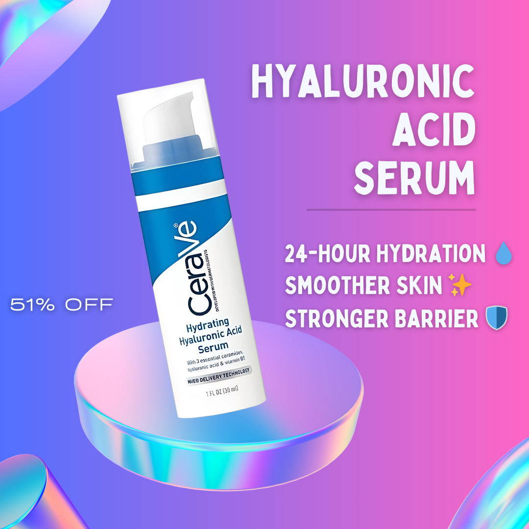 CeraVe Hydrating Hyaluronic Acid Serum bottle with hydration and skincare benefits highlighted