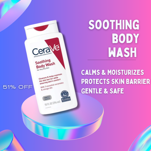 CeraVe Soothing Body Wash bottle with moisturizing ingredients for sensitive dry skin