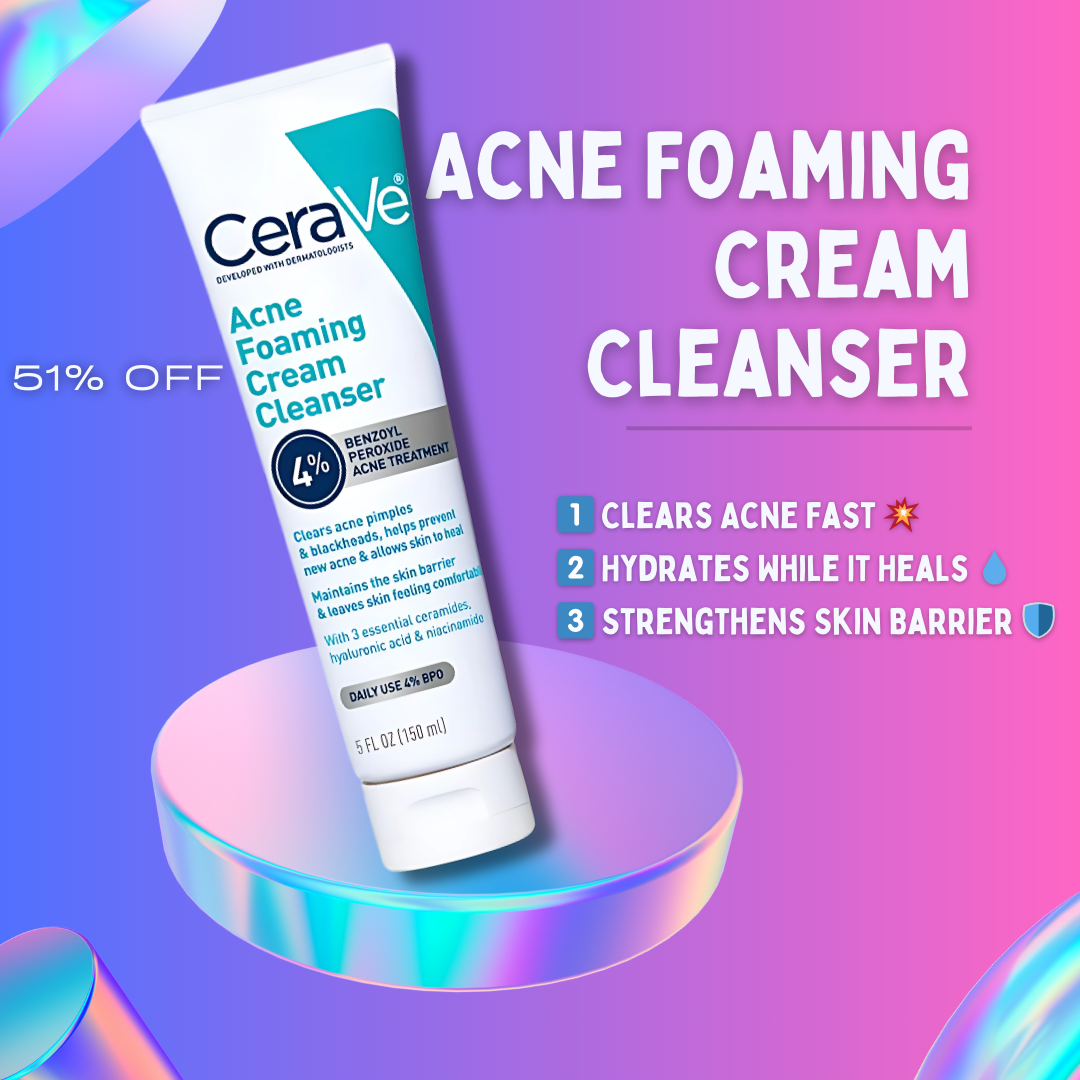 CeraVe Acne Foaming Cream Cleanser tube with 4% benzoyl peroxide for acne treatment and hydration