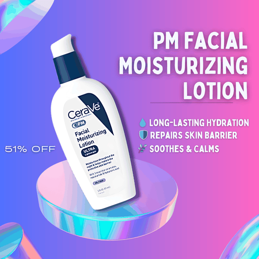 CeraVe PM Facial Moisturizing Lotion bottle highlighting lightweight, oil-free night cream for hydration and skin barrier repair