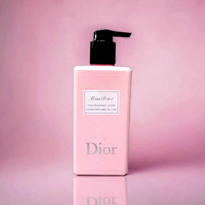 Miss Dior Fine Fragrance Lotion bottle with elegant floral design and citrus rose scent