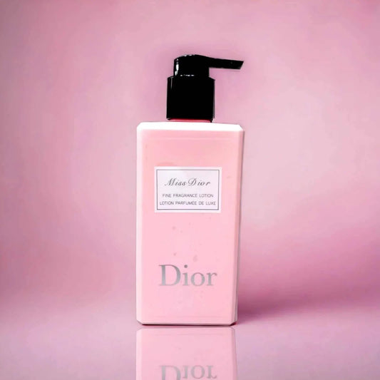 Miss Dior Fine Fragrance Lotion bottle with elegant floral design and citrus rose scent