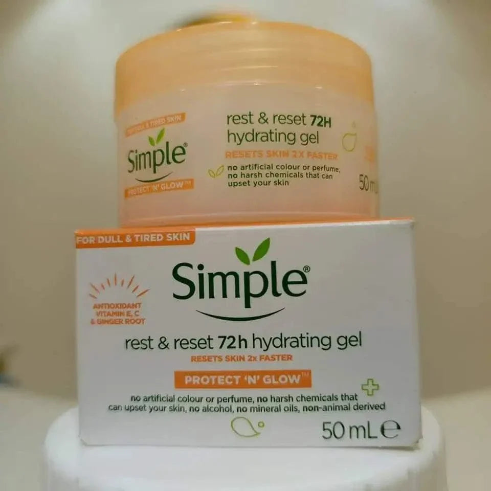 Simple Protect ‘N’ Glow 72h Hydrating Gel jar with leaf and water droplets, skincare product for deep hydration and radiant skin