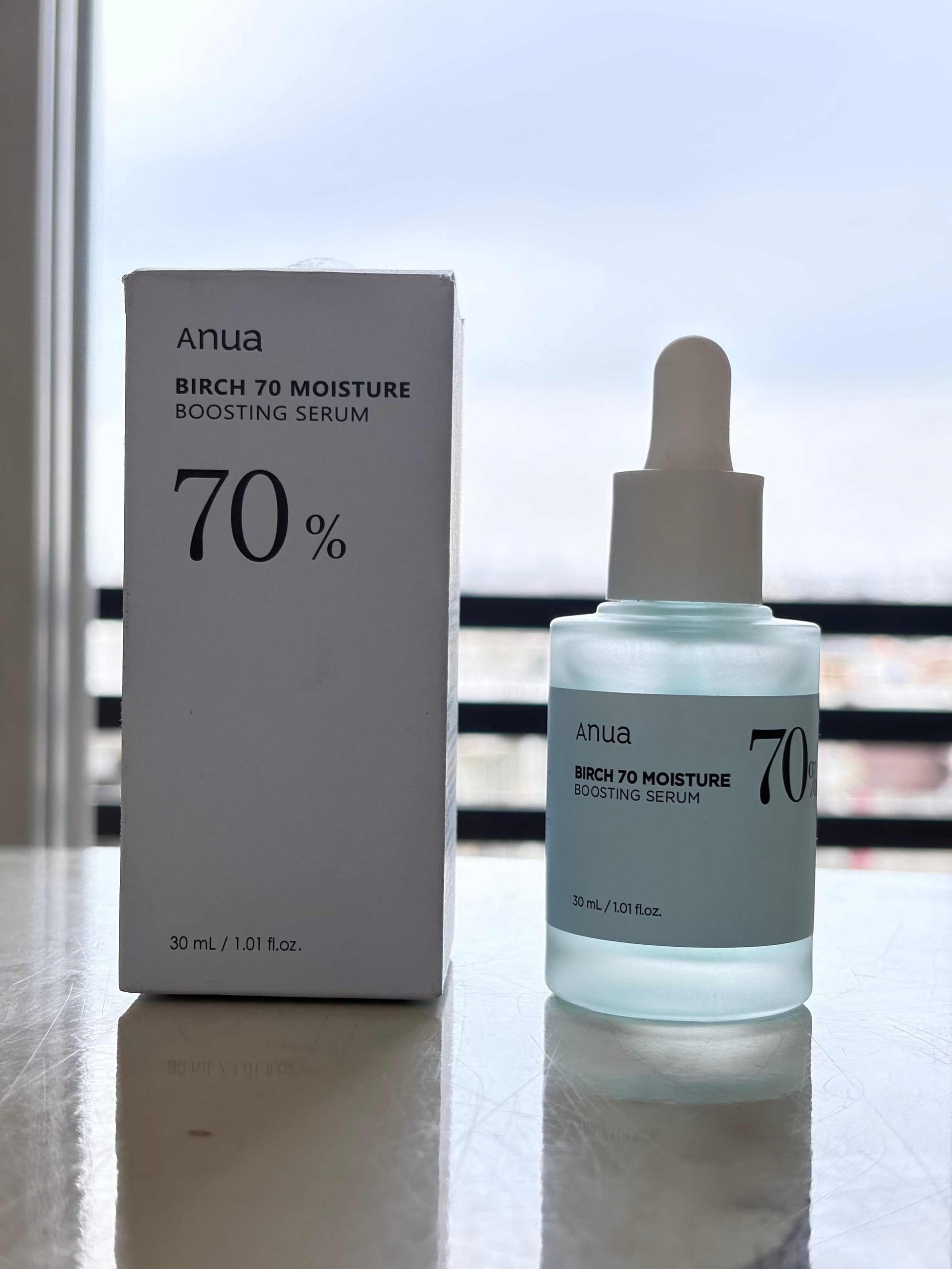 Anua Birch 70 Moisture Boosting Serum 30ml bottle with Japanese White Birch Water for deep hydration and skin barrier protection