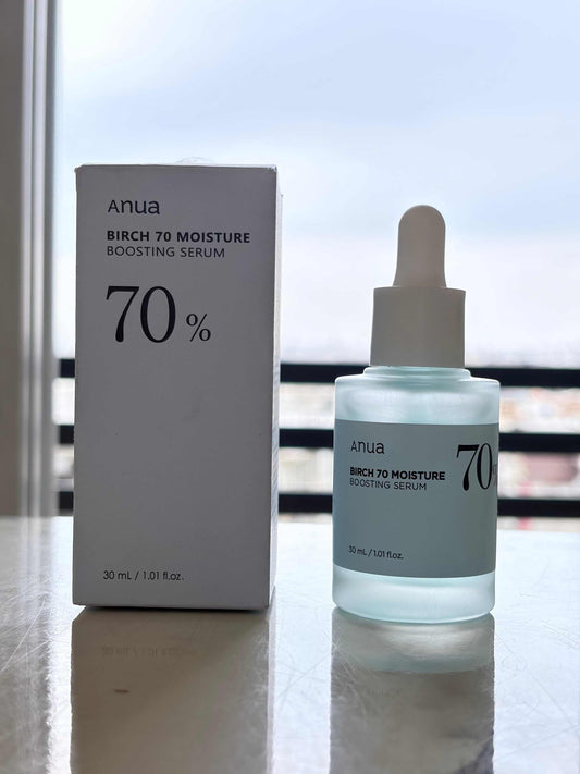 Anua Birch 70 Moisture Boosting Serum 30ml bottle with Japanese White Birch Water for deep hydration and skin barrier protection