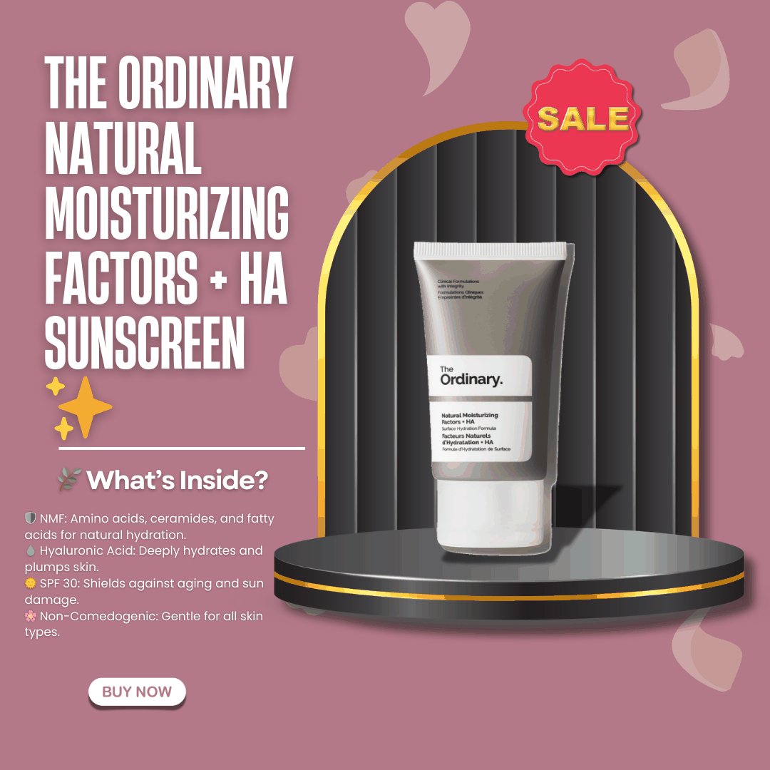 The Ordinary Natural Moisturizing Factors + HA Sunscreen bottle providing hydration and SPF 30 sun protection for daily skincare