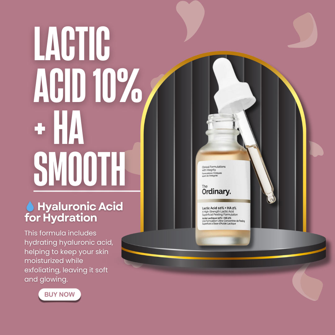 The Ordinary Lactic Acid 10% + HA exfoliating serum bottle with branding