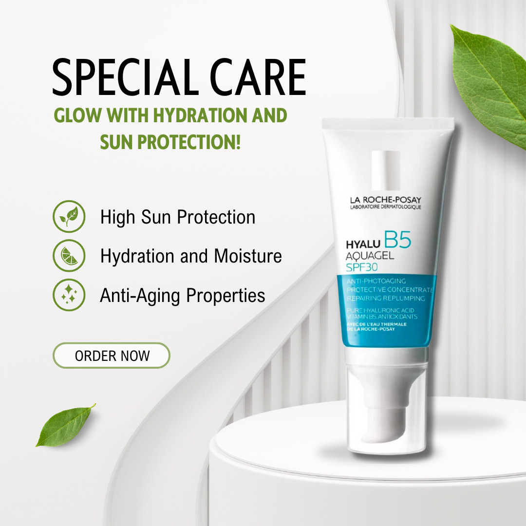 La Roche-Posay Hyalu B5 Aqua Gel SPF30 50ml bottle with blue packaging and moisturizing gel product for sensitive skin protection