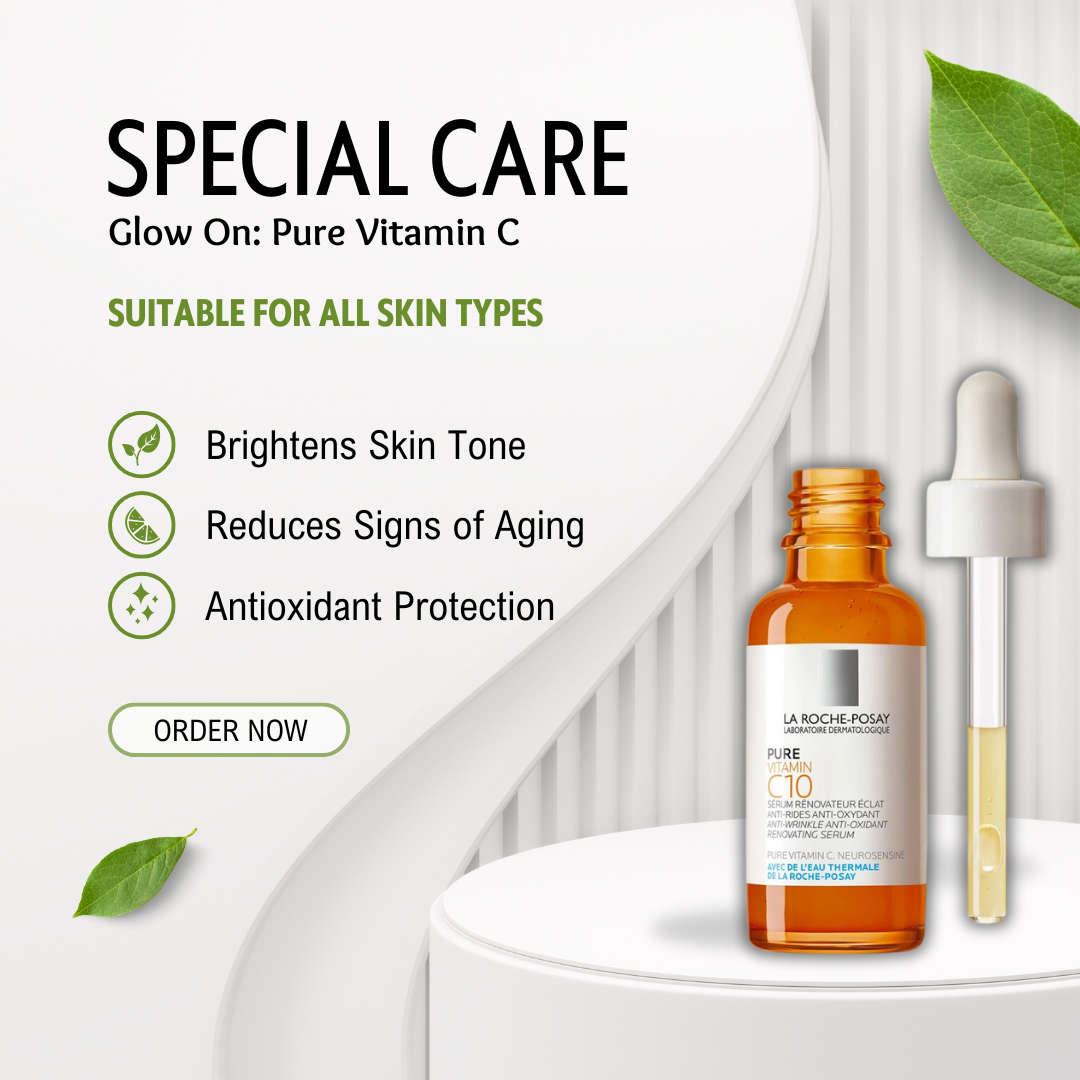 La Roche Posay Pure Vitamin C10 Serum bottle on white background with glowing skin benefits text