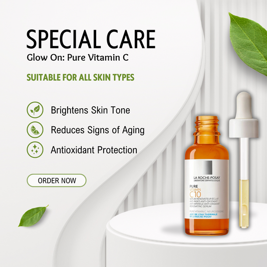 La Roche Posay Pure Vitamin C10 Serum bottle on white background with glowing skin benefits text