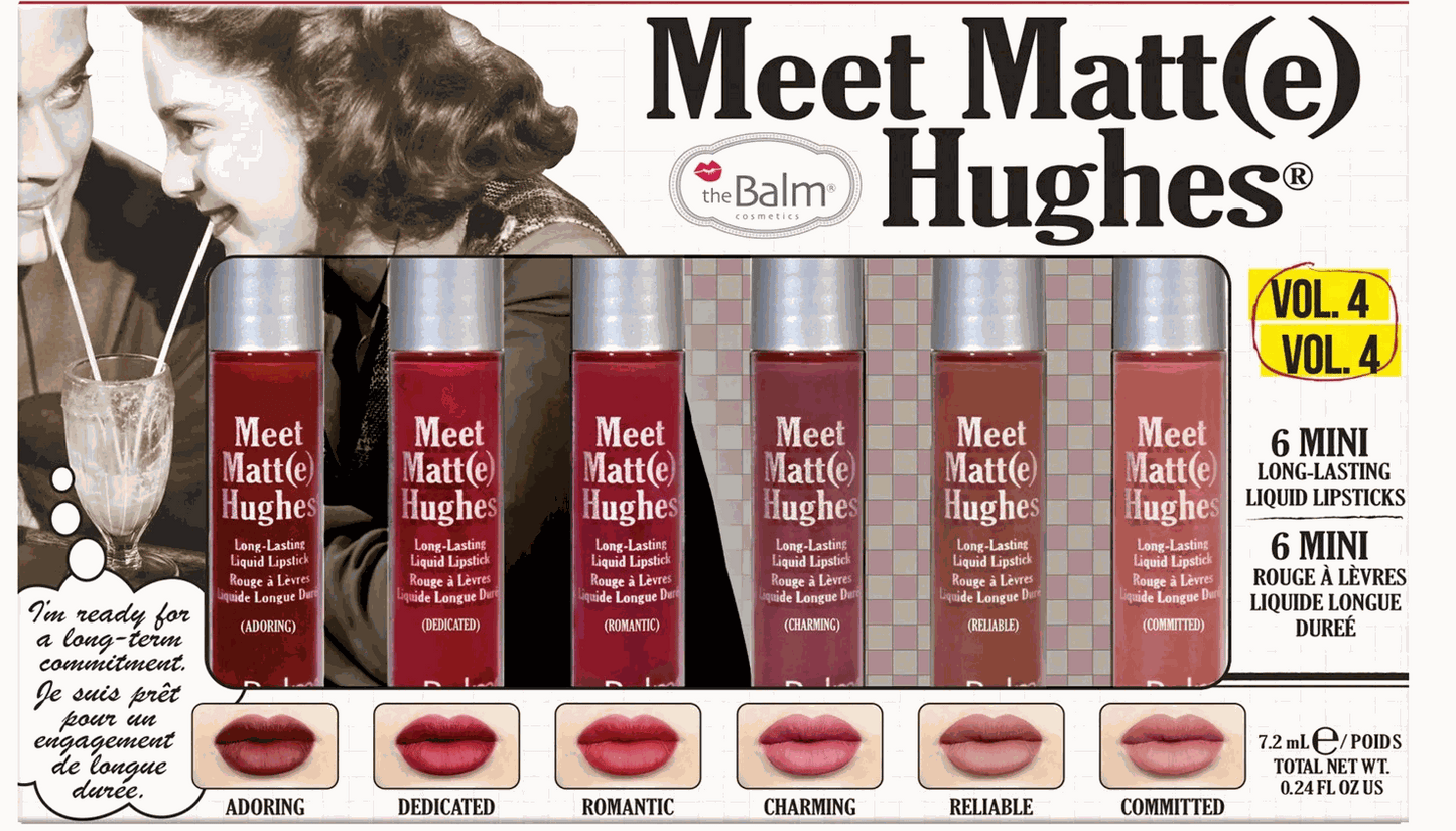 Meat Matte Hughes mini liquid lipstick set with six long-lasting matte shades by The Balm Cosmetics