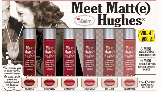 Meat Matte Hughes mini liquid lipstick set with six long-lasting matte shades by The Balm Cosmetics