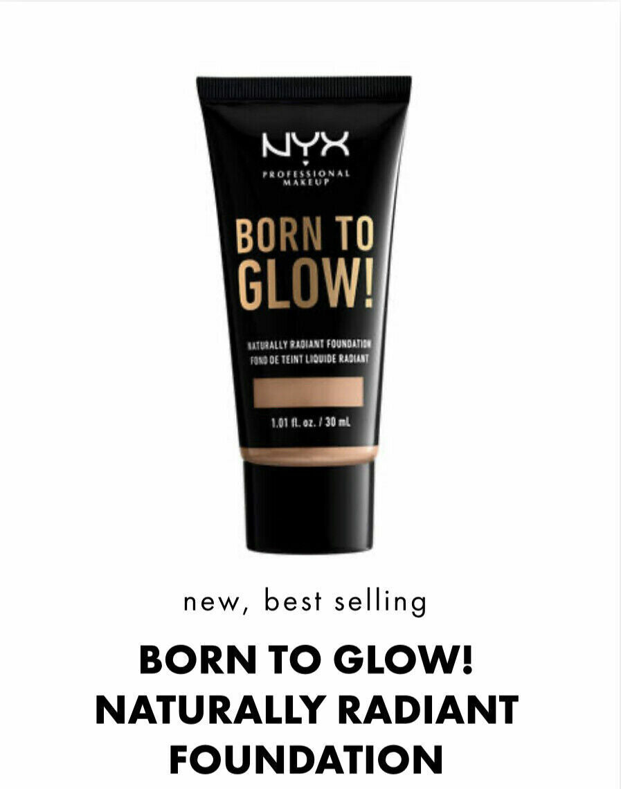 NYX Born to Glow foundation bottle with radiant glow background