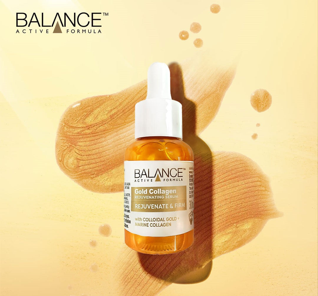 Balance Active Formula Gold Marine Collagen Rejuvenating Serum 30ml bottle with gold and marine collagen ingredients